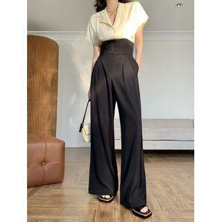 Short-sleeve Two-tone Wide Leg Jumpsuit