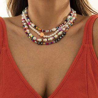 Soft Clay Bead Faux Pearl Layered Necklace 2580 - White & Black & Silver - One Size