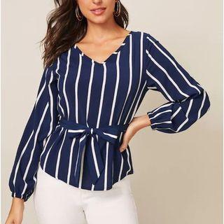Striped V-neck Tie-waist Blouse