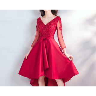 Embellished Long-sleeve High-low Evening Gown