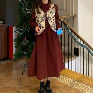 Long-sleeve Midi Shirtdress / Floral Button-up Sweater Vest