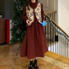 Long-sleeve Midi Shirtdress / Floral Button-up Sweater Vest