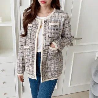 Piped Multi-pocket Tweed Cardigan