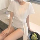 Short-sleeve Tie-front Letter Embroidered T-shirt