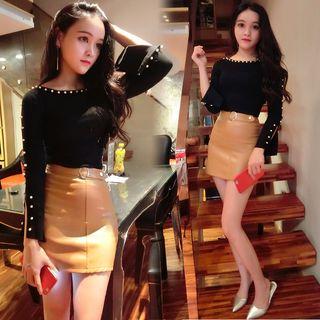 Set : Studded Long-sleeve Top + Faux Leather Mini Skirt