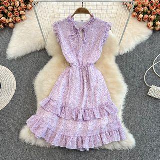 Frilled Bow Detail Floral Print Chiffon Dress