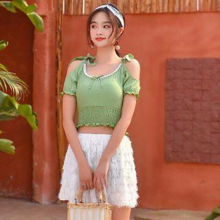 Set: Short-sleeve Cold-shoulder Swim Top + Bottom + Fringed Skirt