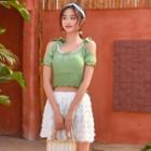 Set: Short-sleeve Cold-shoulder Swim Top + Bottom + Fringed Skirt