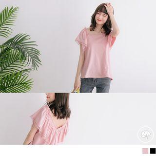 Lace Trim Frilled Short-sleeve Top