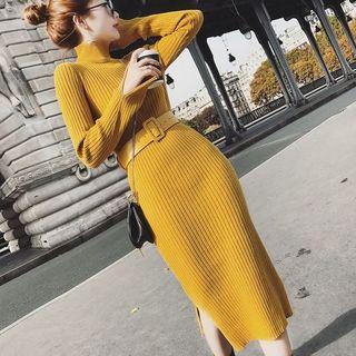 Mock Neck Rib Knit Dress With Belt