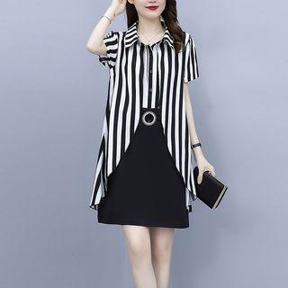 Mock Two-piece Short-sleeve Chiffon Panel Shirt Dress
