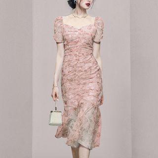Short-sleeve Floral Mesh Midi Dress