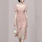 Short-sleeve Floral Mesh Midi Dress