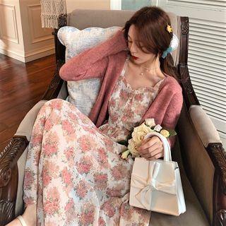 Long-sleeve Cardigan / Sleeveless Floral Dress