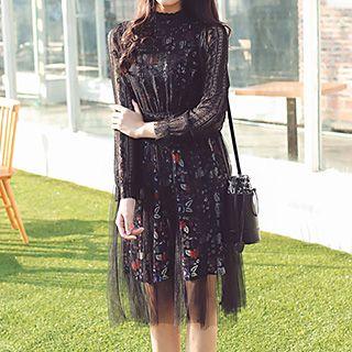 Floral Print Lace Long-sleeve Dress