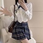Embroidered Shirt / Tie / Plaid Mini Pleated Skirt / Set