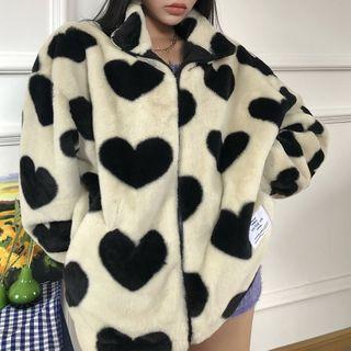 Heart Print Zip Fluffy Jacket