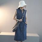 Sleeveless Tie-waist Denim Midi Shirtdress