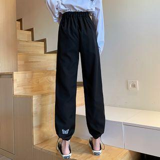 Butterfly Embroidered Drawstring Hem Straight-cut Pants