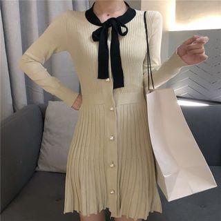 Long-sleeve Mini Knit Pleated Dress