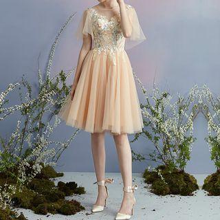 Short-sleeve Embroidered Short Bridesmaid Dress