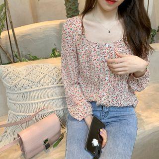 Flower Print Blouse / Short-sleeve Mini A-line Dress