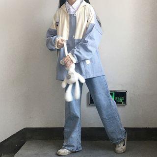 Hooded Buttoned Color Block Jacket