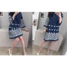 3/4-sleeve Round-neck Embroidered A-line Dress