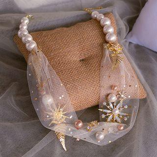 Wedding Set: Faux Pearl Mesh Headband / Dangle Earring / Necklace