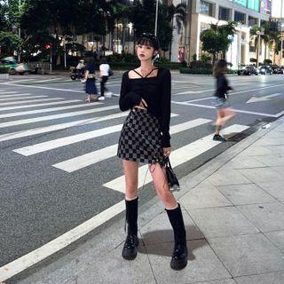Check Denim Mini Pencil Skirt