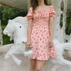 Peach Print Ruffle Trim Short-sleeve Mini A-line Dress