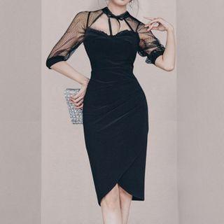 Short-sleeve Mesh Panel Tie-neck Sheath Dress