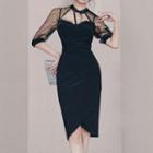 Short-sleeve Mesh Panel Tie-neck Sheath Dress