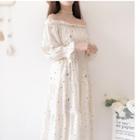 3/4-sleeve Star Patterned A-line Midi Dress