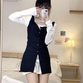 Long-sleeve Plain T-shirt / Mini A-line Overall Dress