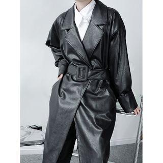 Notch Lapel Open-front Faux Leather Coat