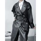 Notch Lapel Open-front Faux Leather Coat