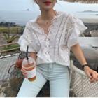 V Neck Lace Cut Out Plain Ruffle Sleeveless Shirt White - One Size