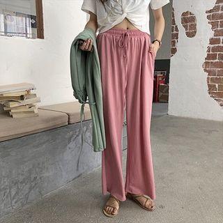 Plain Lace-up High-waist Wide-leg Pants