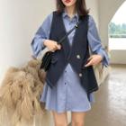 Set: Lantern-sleeve Mini Shirtdress + Vest