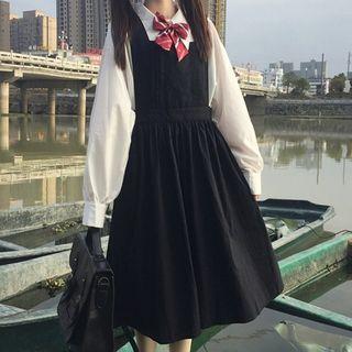 Plain Shirt / Midi Jumper Dress / Bow Tie / Set