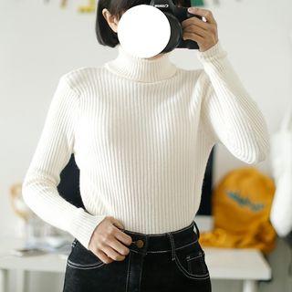 Plain Mock Neck Knit Top Beige - One Size