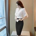 Elbow-sleeve Blouse / Lace Fitted Skirt / Set