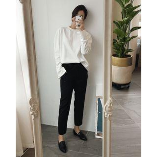 Crewneck Slit-cuff Plain T-shirt