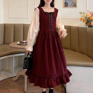 Puff-sleeve Paneled Pinstriped Midi A-line Dress