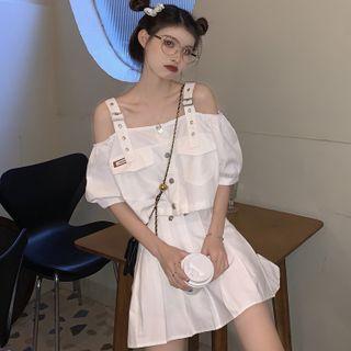 Cold-shoulder Button-up Drawstring Cropped Blouse / Pleated Mini A-line Skirt