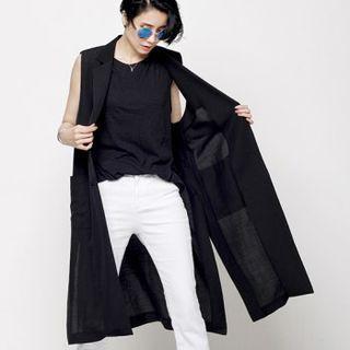 Notched-lapel Linen Blend Long Vest Black - One Size