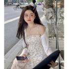 Suspender Floral Ruched Dress / Long-sleeve Lace Cardigan