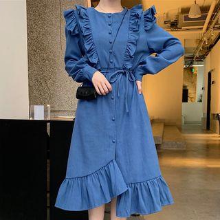 Long-sleeve Ruffle Trim Midi Shirtdress