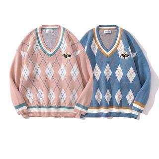 Argyle Bear Embroidered Sweater